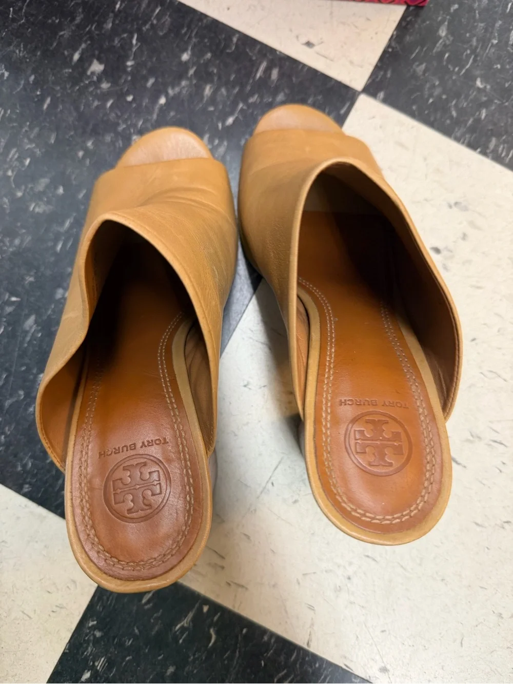 Tory Burch Camel Tan Leather Open-Toe Block Heel Mules